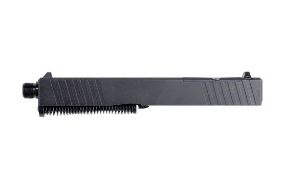 Optic-ready complete Glock slide with threaded black nitride coated barrel.